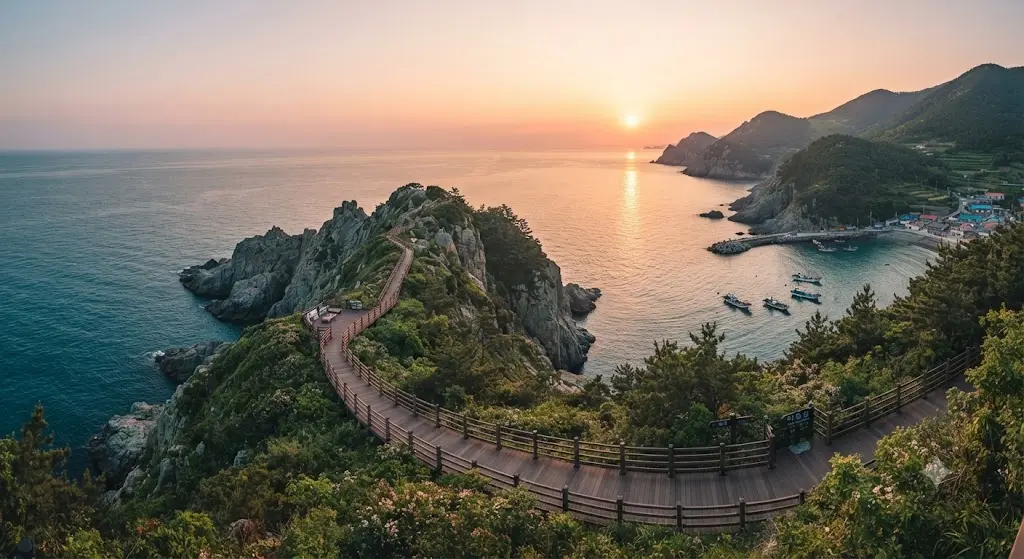Panoramic sunset view of South Korea Geumodo Bireunggil coastal cliff walking path and peaceful fishing village harbor.