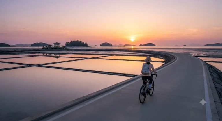A traveler cycling along a coastal road near Hauido Island's salt farms during a sunset in Sinan, South Korea