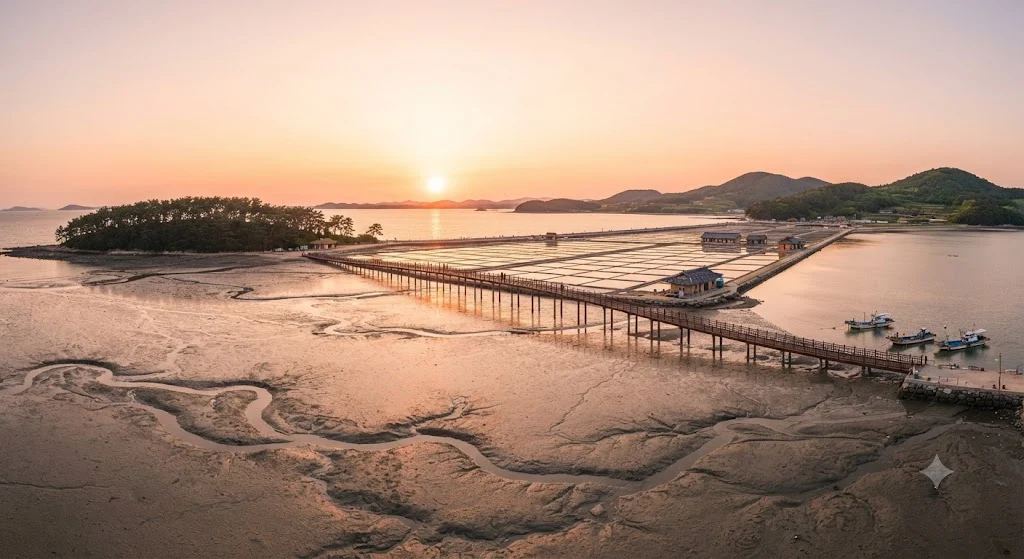 Panoramic sunset view of South Korea Jeungdo Taepyeong Salt Farm, wooden bridge, and tidal flat mudflats.