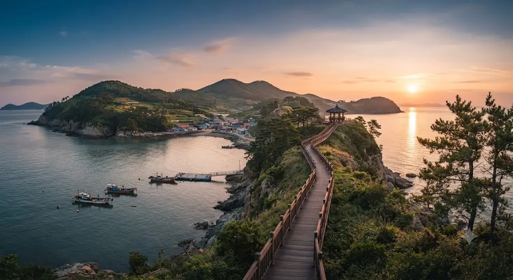 Panoramic sunset view of South Korea Jungdo coastline featuring a wooden walking path, traditional pavilion, and fishing boats.