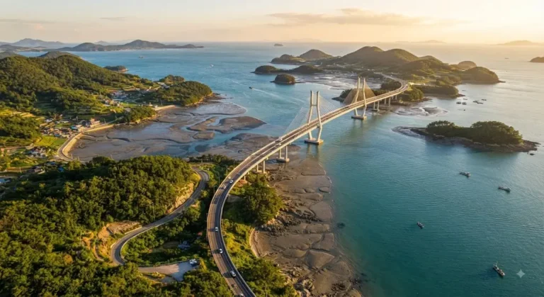 An aerial view of Palgeumdo Island in Sinan, South Korea, featuring a scenic bridge connecting islands over tidal flats during the golden hour.