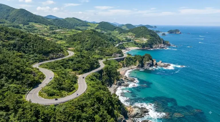 Scenic view of Geumildaehanghwa Beach and crystal-clear blue water on Pyeongildo Island in Wando South Korea