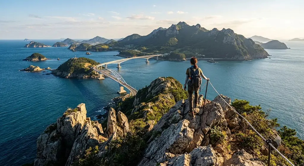 A hiker looking at Saryangdo Island's jagged ridge and suspension bridge in Tongyeong, South Korea