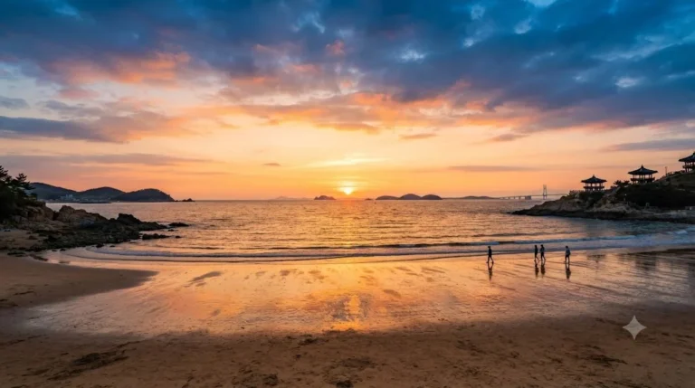 Scenic sunset view over the sandy shores of Eulwangni Beach on Yongyudo island, South Korea