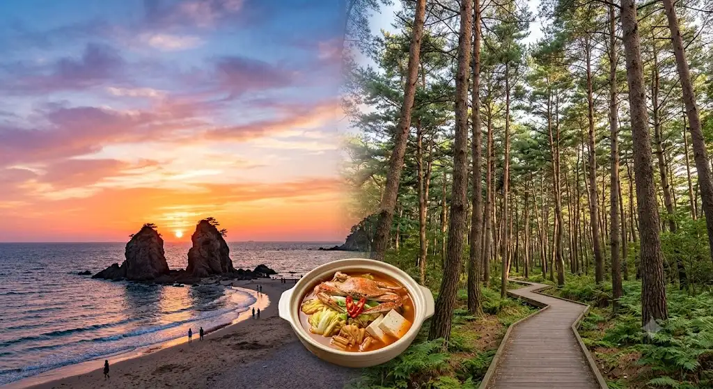Comprehensive visual guide to Anmyeondo Island, South Korea, featuring the scenic Kkotji Beach sunset with the iconic rock formations on the left, a traditional Korean blue crab stew (Gegukji) in the center, and the pine forest walking trail in the Natural Recreation Forest on the right.