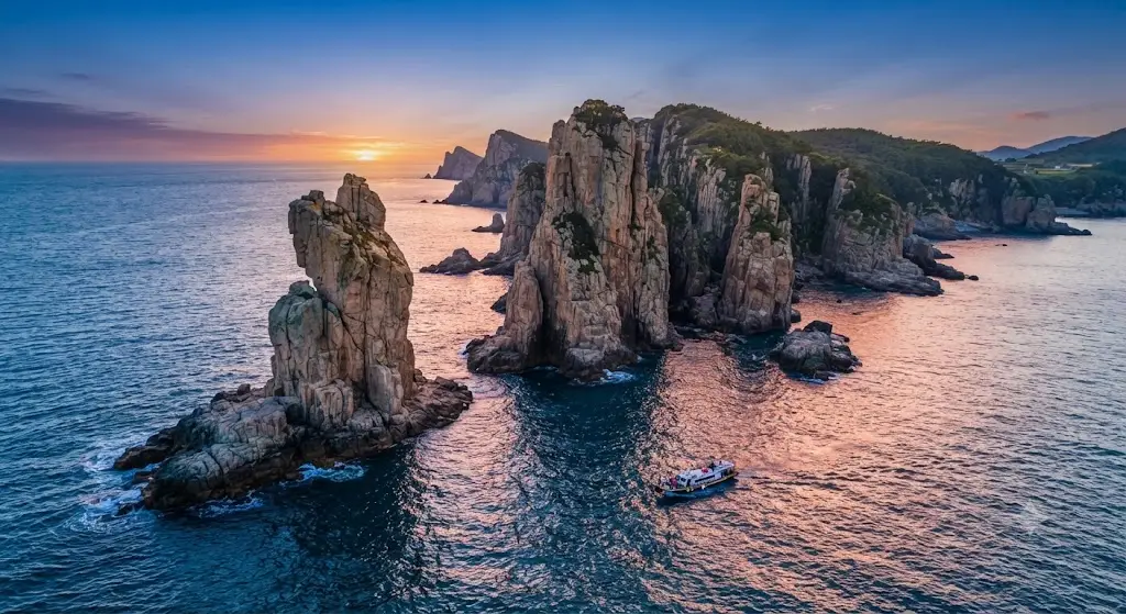 Scenic view of Dumujin coastal rock formations and crystal clear sea on Baengnyeongdo Island