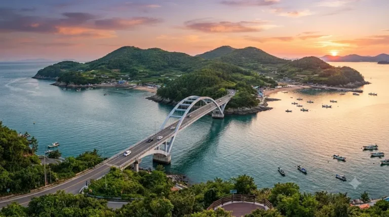 Scenic coastal road and calm blue sea view of Chilcheondo island in Geoje