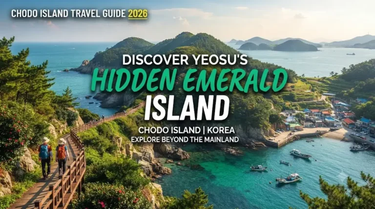 A vibrant promotional image for a Chodo Island travel guide, featuring a coastal walking trail, a small fishing village, and a stunning emerald-colored sea in Yeosu, South Korea.