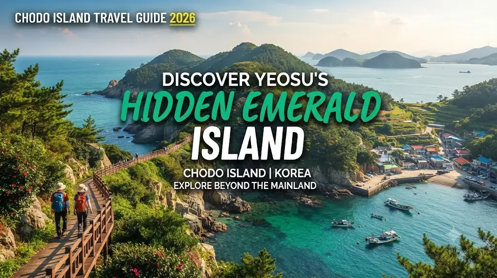A vibrant promotional image for a Chodo Island travel guide, featuring a coastal walking trail, a small fishing village, and a stunning emerald-colored sea in Yeosu, South Korea.