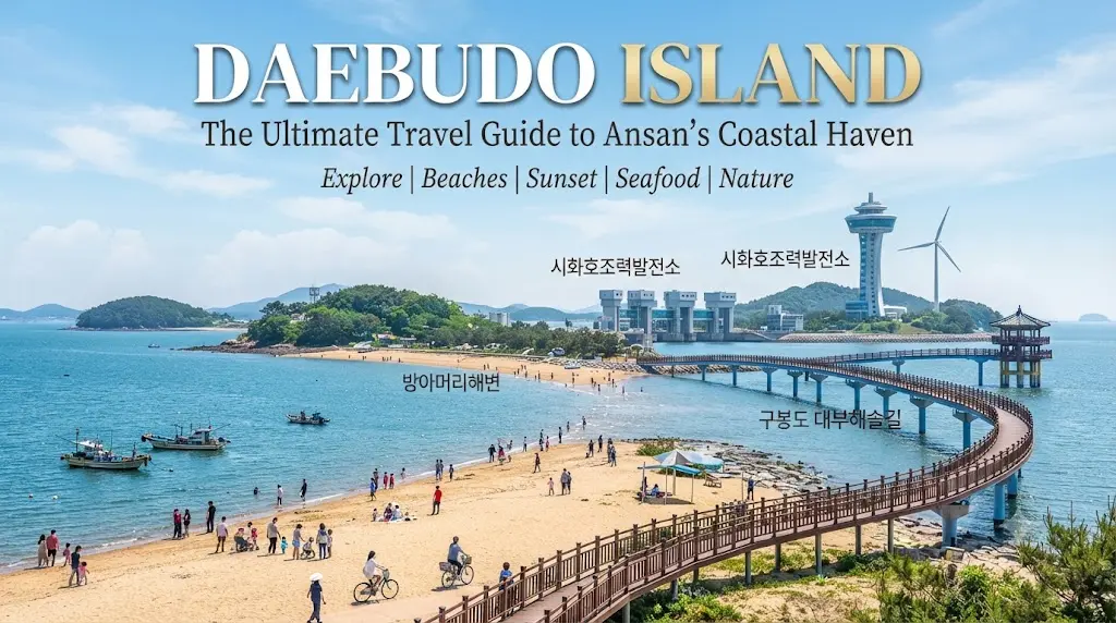 A scenic coastal view of Daebudo Island in Ansan, South Korea, featuring a sandy beach, people strolling along a wooden boardwalk, fishing boats, and the Sihwa Lake Tidal Power Plant observatory in the background. Text overlay reads: 'DAEBUDO ISLAND: The Ultimate Travel Guide to Ansan’s Coastal Haven'.