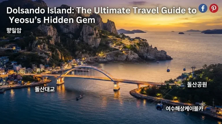 An elevated twilight view of Dolsando Island, South Korea, featuring the illuminated Dolsan Bridge, the Yeosu Marine Cable Car, and the rugged cliffs of Hyangiram Hermitage under a golden sunset. Text overlay reads: 'Dolsando Island: The Ultimate Travel Guide to Yeosu’s Hidden Gem'. Labels in Korean point to 주요 명소(Key Attractions).