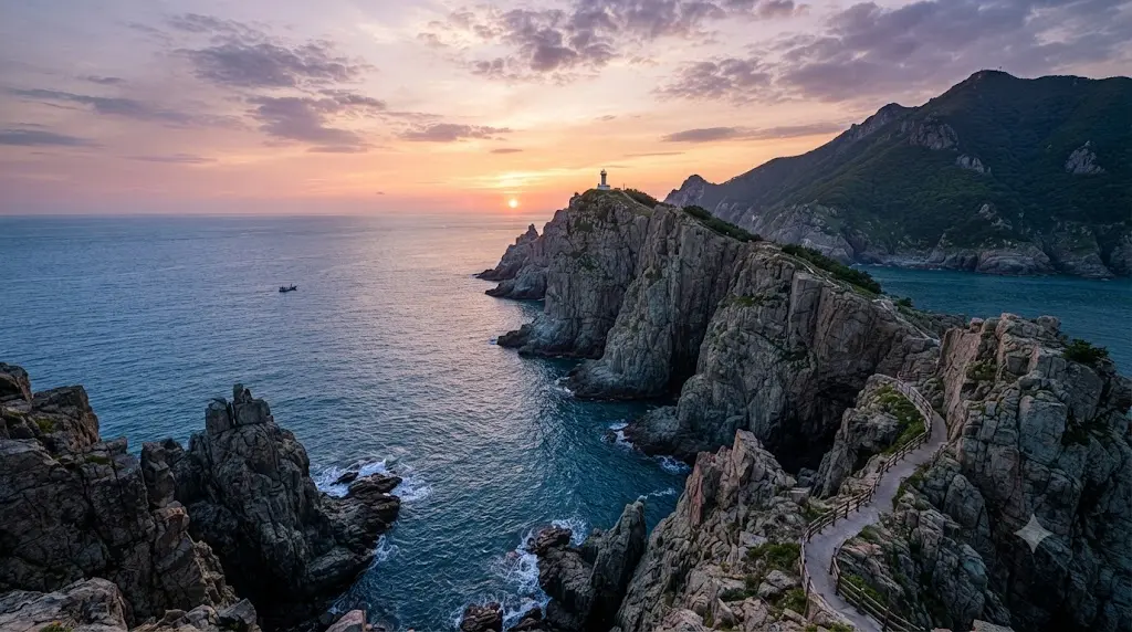 Dramatic coastal cliffs and deep blue ocean views of Gageodo Island