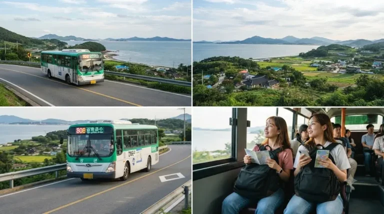 A collage showing a rural bus driving along a coastal road, scenic coastal landscape, and travelers on a bus during a car-free trip in Ganghwado.