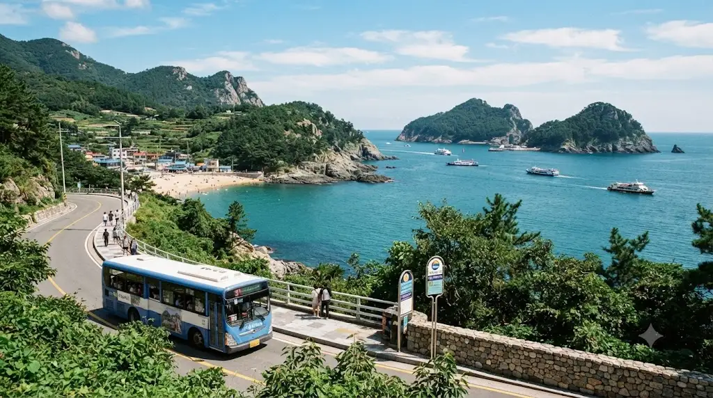 A scenic coastal road on Geoje Island with a blue public bus driving alongside a beautiful beach and ocean islets.