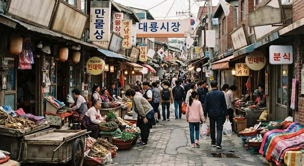 Historic retro alleyway and vintage storefronts of Daeryong Market in Gyodongdo Island, South Korea.