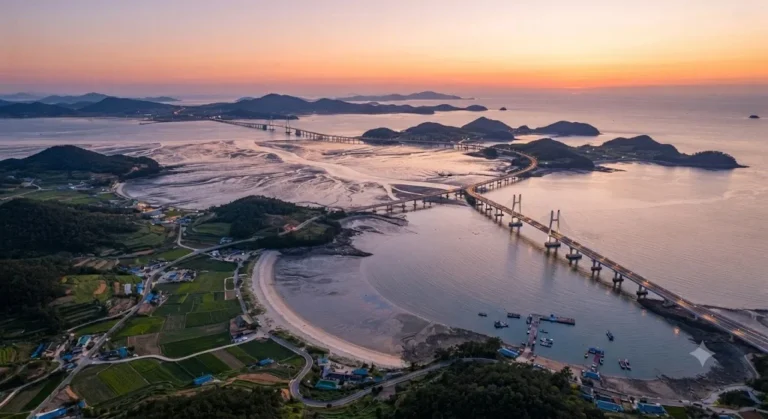 Scenic aerial view of Jaeundo Island bridge and coastal landscape in South Korea