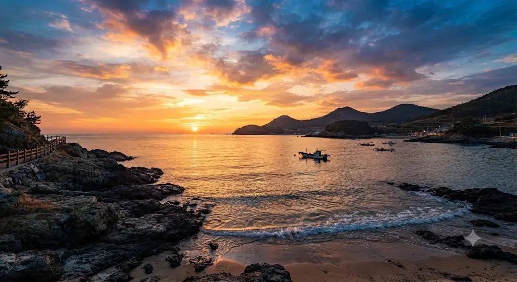 Scenic view of Jawoldo Island coastline and tranquil sea during sunset in South Korea