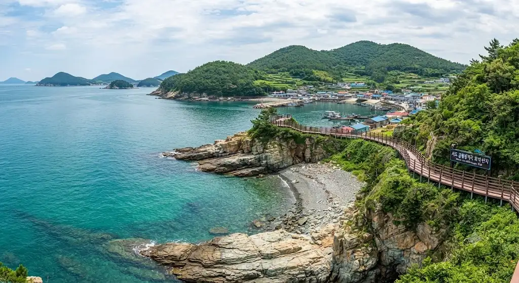 A scenic travel guide image showing the coastal walking trail, jagged rock formations, and emerald sea of Seodo Island in Yeosu, South Korea.