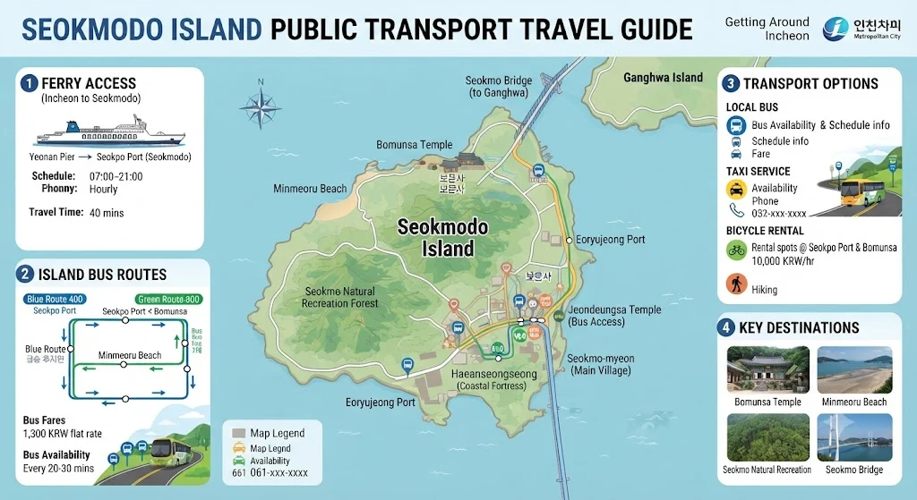 Seokmodo Island mineral hot springs and scenic coastal public transit route