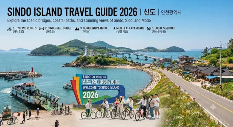 A scenic travel guide image showing the newly connected Sindo Peace Bridge, coastal mountain trails, and the emerald sea surrounding Sindo Island in Incheon, South Korea.
