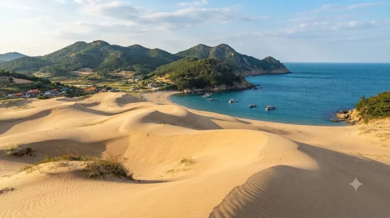 Stunning coastal sand dunes and blue ocean waters featured in the Uido Island Travel Guide