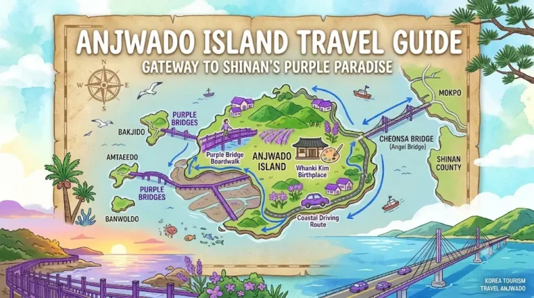 Illustrated travel map guide to Anjwado Island in Shinan featuring Purple Island Bridge, Whanki Kim birthplace, and coastal drive routes.