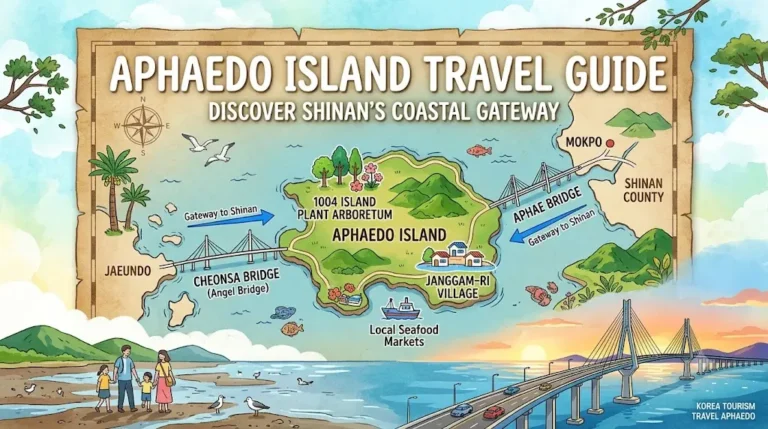 Illustrated travel map guide to Aphaedo Island in Shinan featuring 1004 Island Arboretum, Cheonsa Bridge, and Janggam-ri Village.