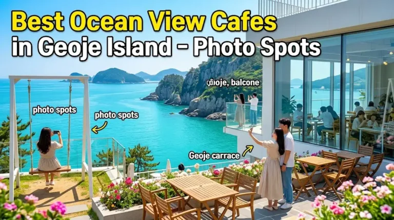 Illustrated guide to the Best Ocean View Cafes in Geoje Island showing top aesthetic spots, coastal cafes, and Instagram photo locations.