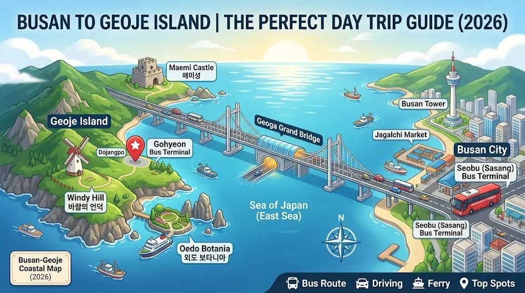Illustrated travel map showing the route from Busan to Geoje Island via Geoga Grand Bridge, featuring major attractions like Windy Hill, Oedo Botania, and Maemi Castle.