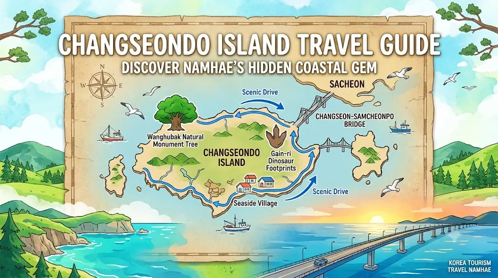 Illustrated travel map of Changseondo Island in Namhae featuring key attractions including Wanghubak tree, Gain-ri dinosaur footprints, and Changseon-Samcheonpo Bridge.