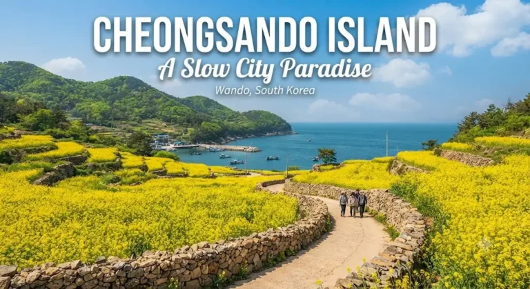 Travelers walking along a stone wall path surrounded by vibrant yellow canola fields overlooking the blue sea on Cheongsando Island, South Korea.