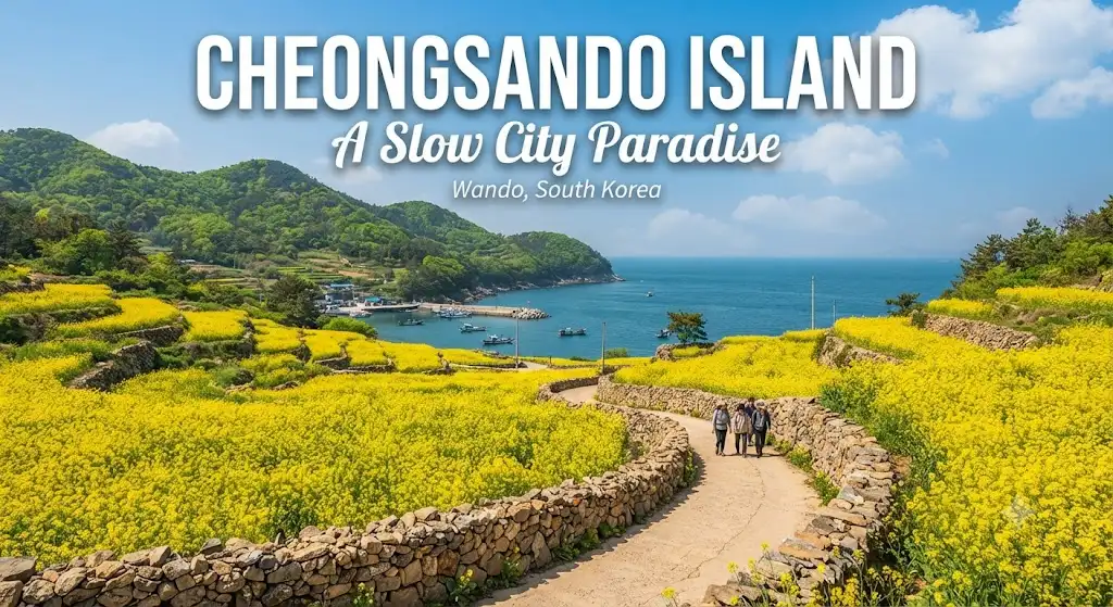 Travelers walking along a stone wall path surrounded by vibrant yellow canola fields overlooking the blue sea on Cheongsando Island, South Korea.