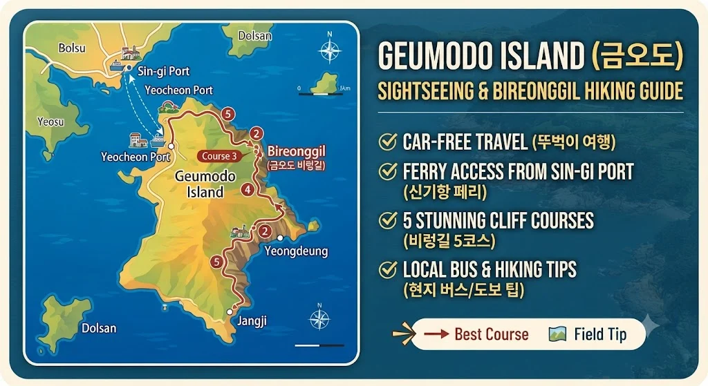 An infographic map of Geumodo Island in Yeosu, South Korea, detailing the Bireonggil hiking courses, ferry routes from Sin-gi Port, and key tourist points.