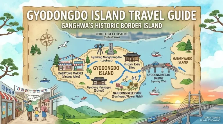 Illustrated travel map guide to Gyodongdo Island in Ganghwa featuring Daeryong Market, Gyodongdaegyo Bridge, and historical exile sites.