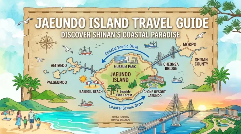 Scenic travel guide to Jaeundo Island in Shinan featuring Baekgil Beach and C-One Resort Jaeundo.