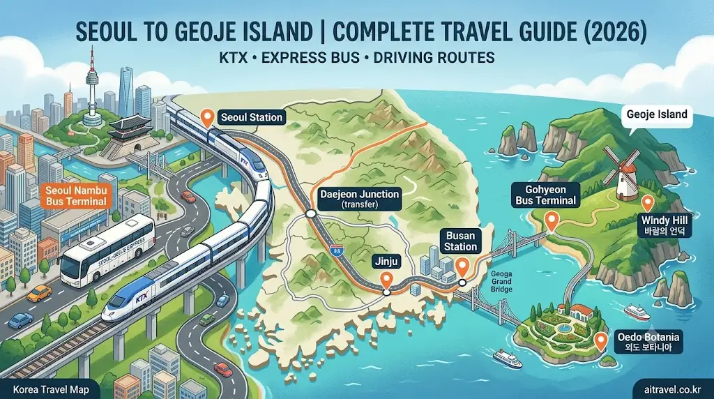 Illustrated travel map showing route options from Seoul to Geoje Island featuring KTX, high-speed bus, and driving paths, with key landmarks like Windy Hill and Oedo Botania.