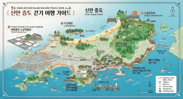 Jeungdo Island travel guide featuring walking travel scenery of the salt farms and tidal flats in Sinan