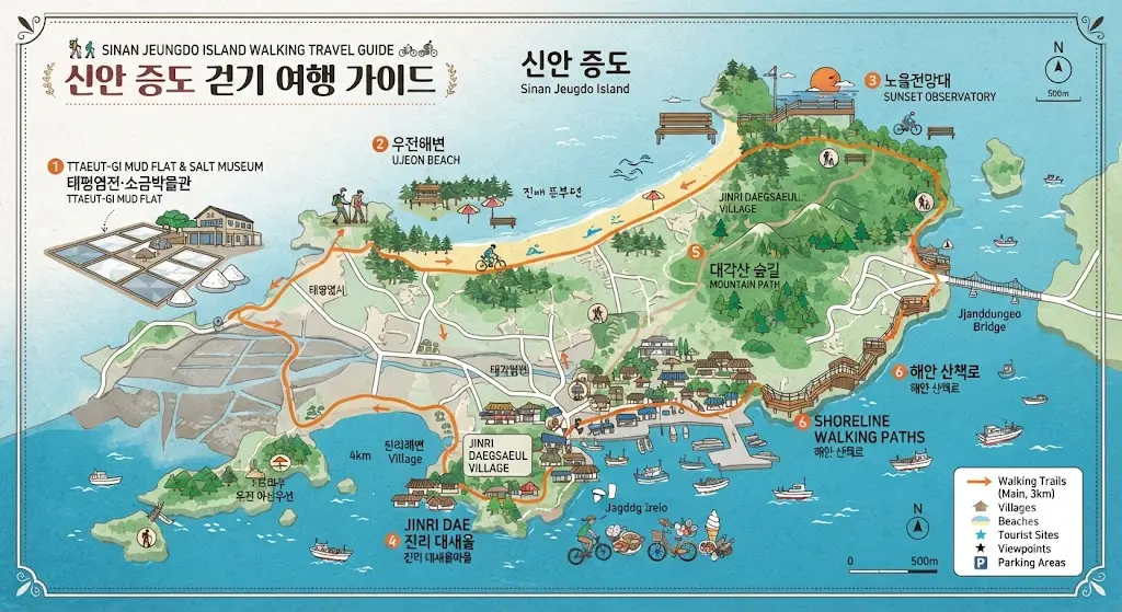 Jeungdo Island travel guide featuring walking travel scenery of the salt farms and tidal flats in Sinan