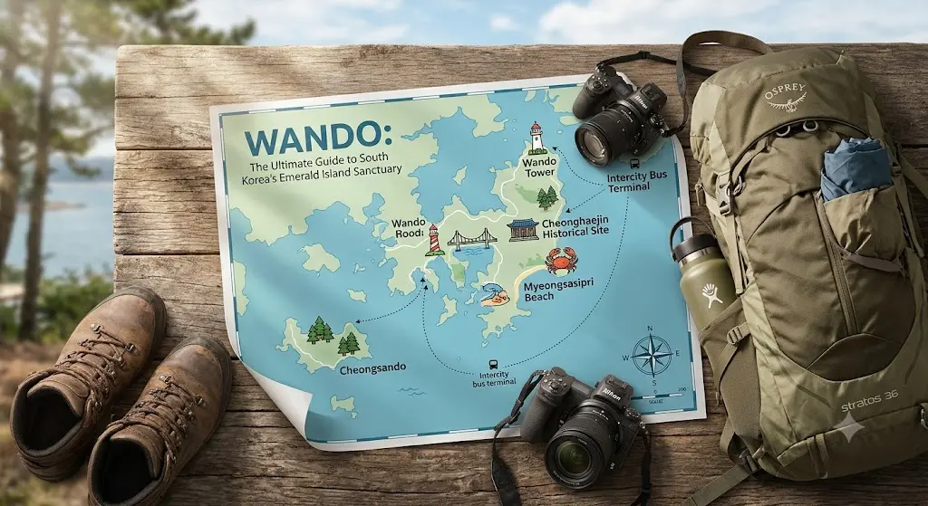 An illustrated travel map of Wando, South Korea, showing key tourist attractions like Wando Tower, Cheonghaejin Historical Site, and Myeongsasipri Beach, placed on a wooden table with a hiking backpack and boots.