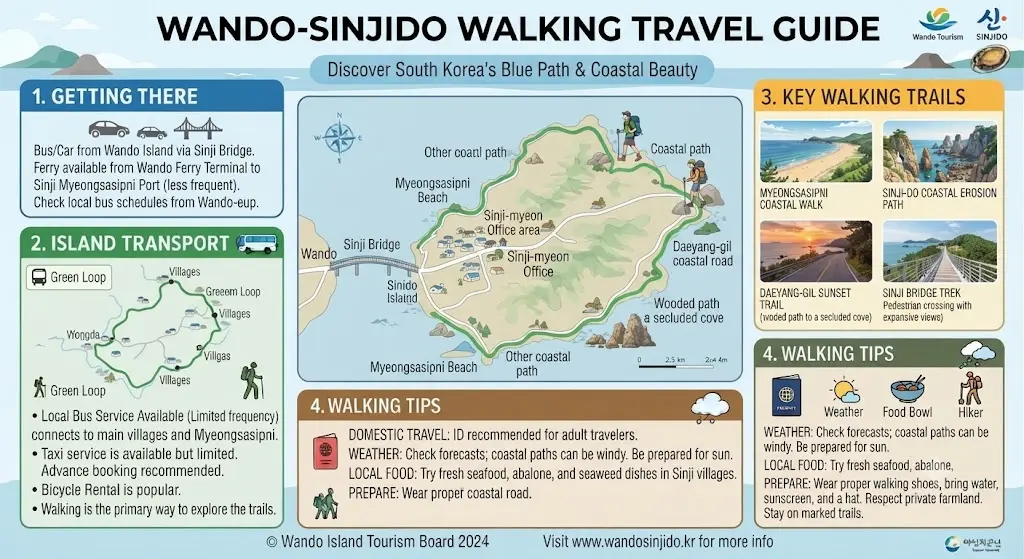 Walking travel scenery featuring the blue ocean and sandy shore of Wando Sinjido Myeongsapsimni Beach